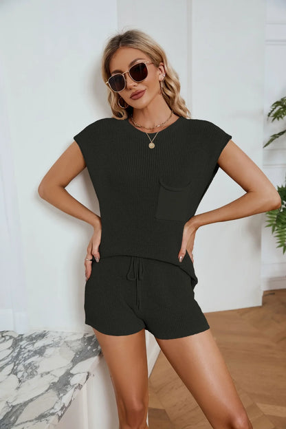 dingdamall  -  Solid Knitted 2 Piece Sets Women top and shorts Stretchy summer Matching sets boho beach holiday short sets