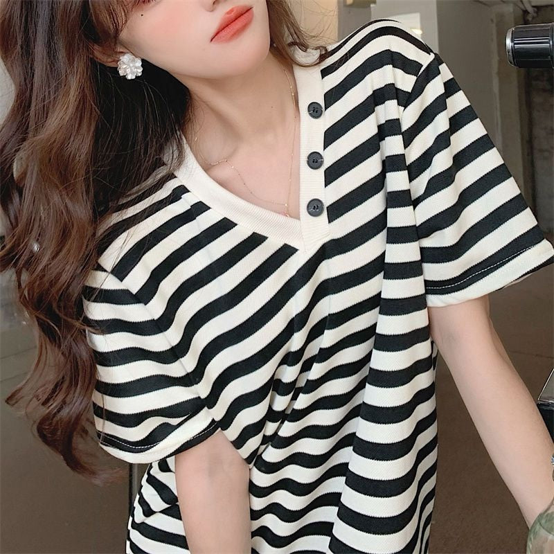 Summer Bow Black and White Striped Tshirt Dress Women V-neck Backless Hollow Out Y2K Straight Skirt Korean Style Elegant Robe