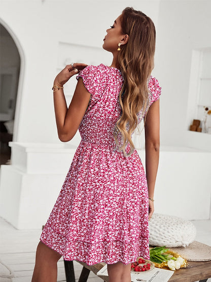 Summer Square Collar Cotton Print Dress Women Casual Short Sleeve Slim High Wasit Floral Off The Shoulder Dresses