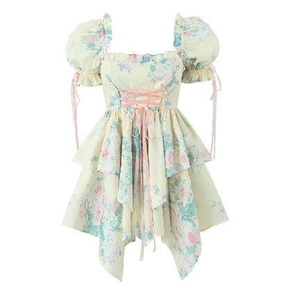 Sweet Princess Cross Rope Bow Front Flower Print Irregular Ball Gown Dress Women Puff Sleeve Swing Mini Fairy Cake Robe