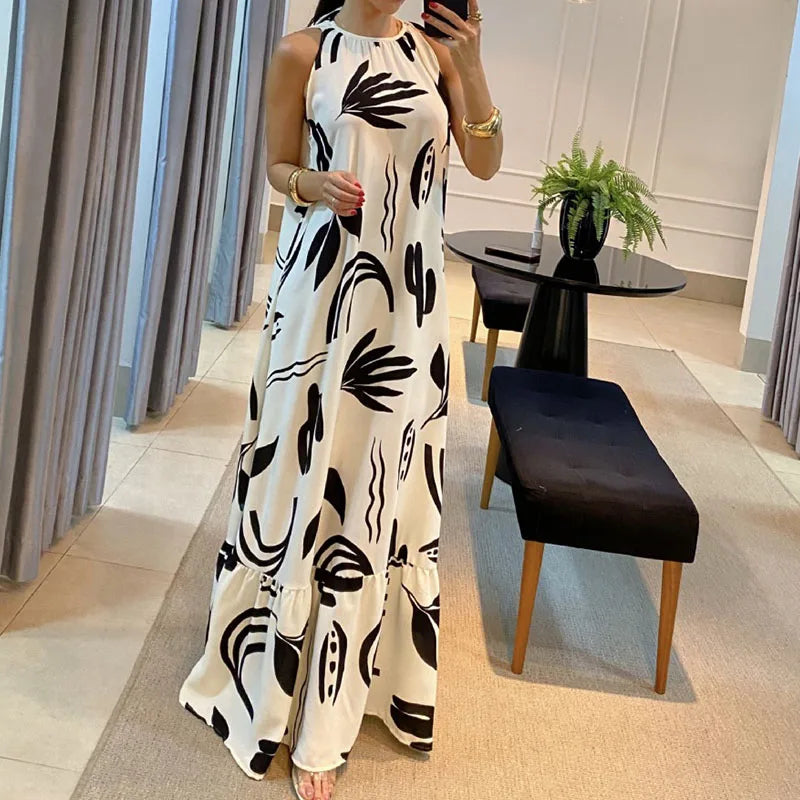 YESMYTOOL  -  Elegant Patterned Print Loose Party Dress 2024 Summer Fashion Round Neck Pleated Long Dress Casual Sleeveelss Bohe Maxi Dresses