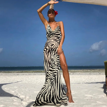 YESMYTOOL  -  Zebra Stripes Printed Strap Maxi Dress Elegant Party Beach Vacation Robe 2024 Summer New Fashion Sexy Backless Split Vestidos