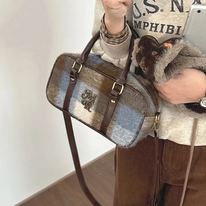 MBTI Vintage Plaid Womens Handbag College Style New Fashion Bowling Shoulder Bag Aesthetic Original Female Pillow Crossbody Bag