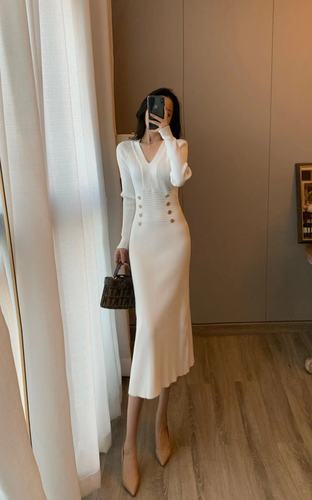 Women Winter Sheath Elegant Midi Knitted Dress Sexy V-neck Long Sleeve Wool Blend Warm Design Knitting Clothing Winter