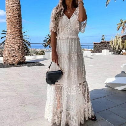 YESMYTOOL  -  Elegant V-neck Short Sleeve Long Dress Lady Sexy Crochet Embroidery Hollow Party Dress Fashion Hight Waist Pleat Mesh Maxi Dress