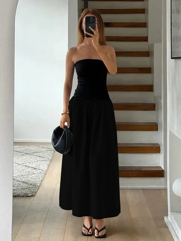 Patchwork Strapless Sleeveless Dress Women's Contrast Color A-Line High Waist Long Party Dress Fashion Outfits Female New