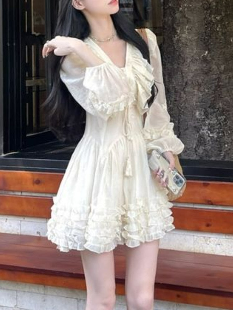 Sweet Ruffle Fairy Mini Dress Women Sexy V-neck Korean Style Princess Dress Autumn Design Elegant Women's Dresses for Party