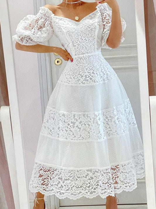 White Floral Print Dress Women Summer Elegant Puff Sleeve Slash Neck Dress Lace Stitching Slim Party Prom Wedding Long Dresses