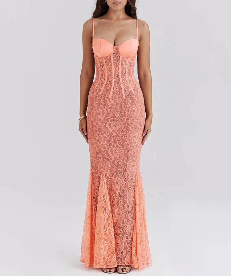 Floral Lace Sexy Maxi Dress For Women Orange Spaghetti Strap Sleeveless Backless Bodycon Club Party Long Dress Elegant