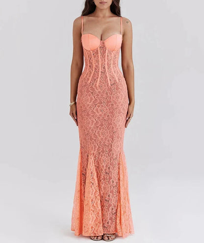 Floral Lace Sexy Maxi Dress For Women Orange Spaghetti Strap Sleeveless Backless Bodycon Club Party Long Dress Elegant