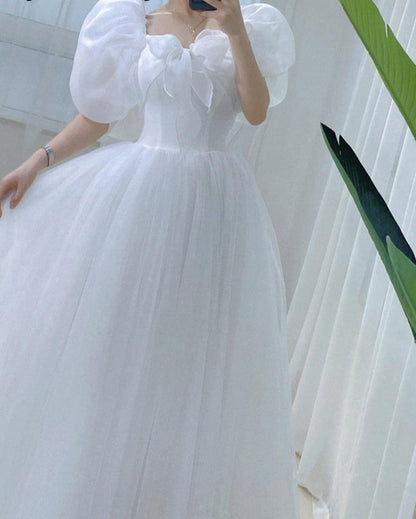 White Elegant Sweet Princess Dress Women Bow Puff Sleeve Korean Kawaii Midi Dress Female Autumn Casual Evening Party Dress