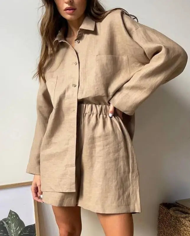 dingdamall  -  Casual Cotton Linen Sets Commuter Single Breasted Loose Long Sleeve Shirt Shorts Suit Summer Vacation 2 Piece Set Women's Outfit