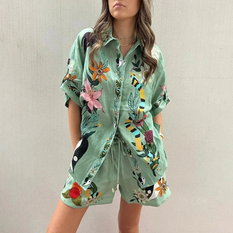 dingdamall  -  2024 Summer Pattern Print Loose Two Piece Sets Casual Vacation Single Breasted Shirt Outfit Women's Fashion Lace Up Shorts Suit