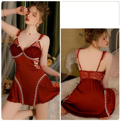 YESMYTOOL  -  Sweet Women Pajamas Bathrobe Backless Suspender Nightdress Sexy V Neck Lace Silk Nightgown Robe Set Homewear Bridesmaids Gifts