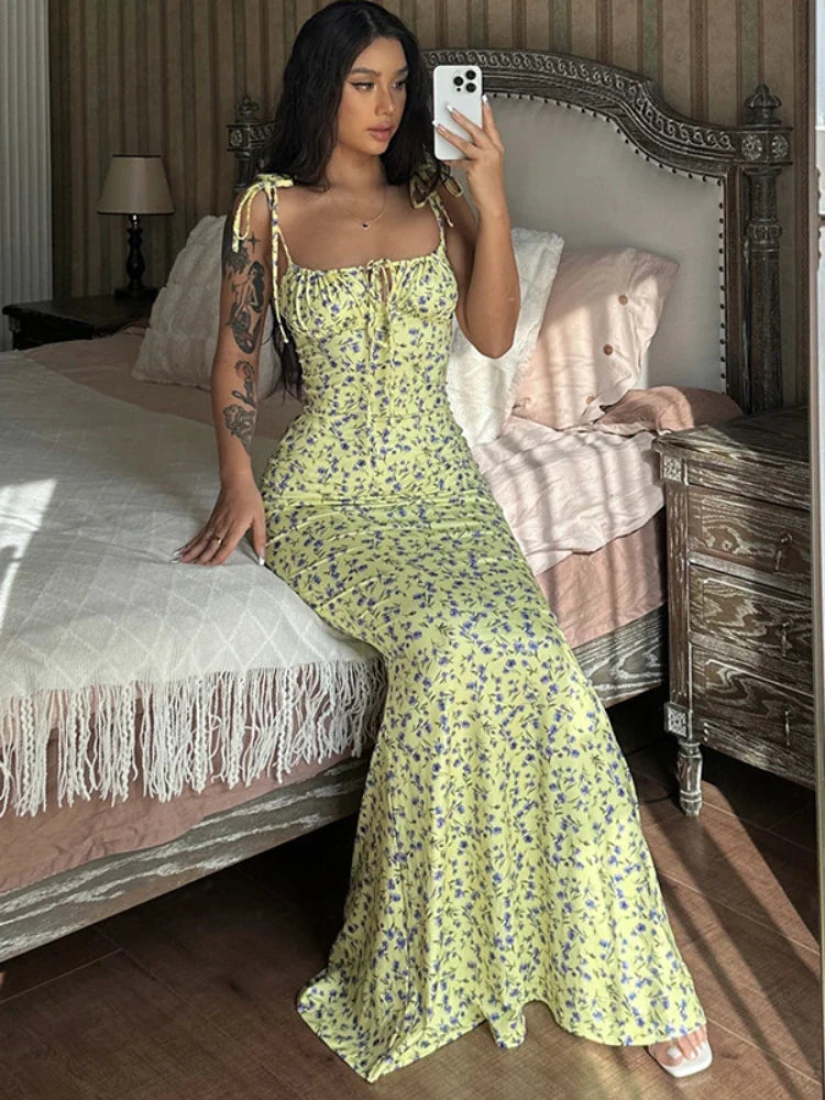 Floral Dress Women Elegant Summer Off Shoulder Lace Up Deep V Neck Dresses Ladies Holiday Casual Beach Long Dress Woman