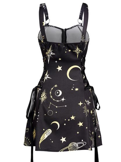 Celestial Sun Moon Print Lace Up Mini Dress Summer Gothic Women Square Neck Witchcore Vestidos