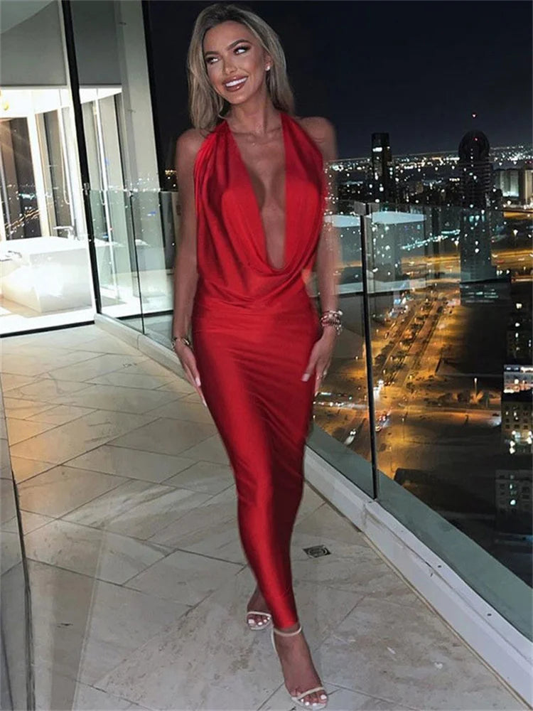 V-Neck Satin Slim Vestidos For Women Red Halter Backless Sexy Evening Party Clubwear Dresses Ladies Bodycon Maxi Dress