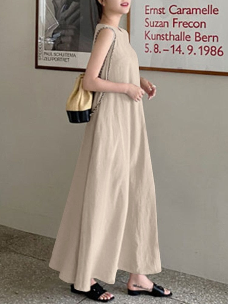 Summer Dress Long Skirt Suspender Loose Pockets O-Neck Temperament Sleeveless Swing Dresses for Women Women Clothing Robe