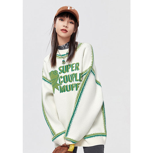 Women's Clothing Sweater Round Neck Letter Frog Printing Long Sleeves Casual Vintage Fashion Baggy Ladies Knitted Tops Summer