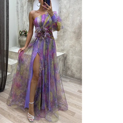 YESMYTOOL  -  Fashionable women's new single shoulder split print dress, sexy temperament, elegant and flowing long skirt