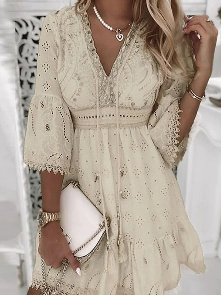 Summer Boho Dress Women Beach Sundress Fashion Embroidery Hollow Out Lace Up Mini Dress Female White Lace Holiday Dress