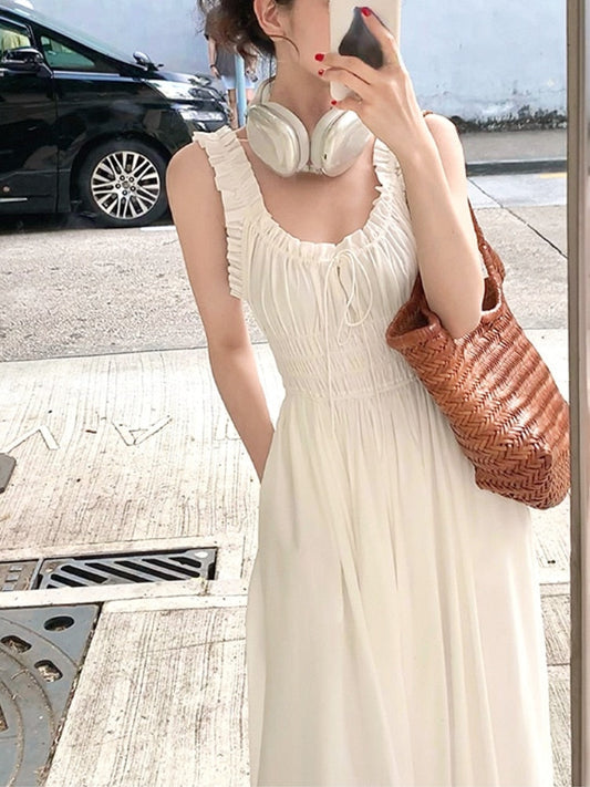 Vintage Strap Dress Women Pure Color Sleeveless Beach Midi Dress Office Lady Causal Elegant One Piece Dress Korean  Summer