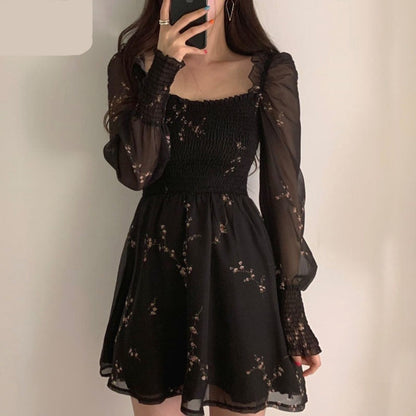 Spring Womens Sexy Black Dress Vintage Flower Long Puff Sleeve Chiffon Dresses Korean Casual Mini Vestidos Mujer Clothes