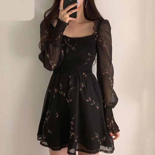 Spring Womens Sexy Black Dress Vintage Flower Long Puff Sleeve Chiffon Dresses Korean Casual Mini Vestidos Mujer Clothes