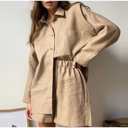 dingdamall  -  Casual Cotton Linen Sets Commuter Single Breasted Loose Long Sleeve Shirt Shorts Suit Summer Vacation 2 Piece Set Women's Outfit