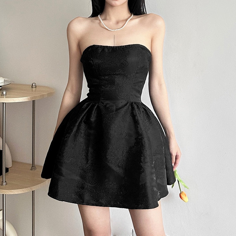 Summer Harajuku Strapless Dress Solid Casual A-Line High Dress Waist Loose Printing Slash Neck Short Mini Dresses Woman