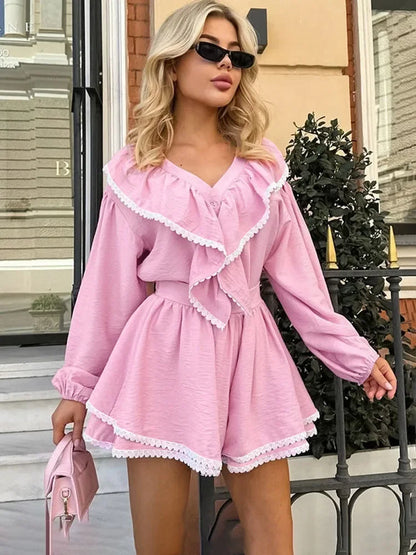 dingdamall  -  Lace Ruffled Tops Shorts Fashion Set Ladies Pajamas Home Clothes Fashion Long Sleeve Top Cotton Casual Matching Sets Fall