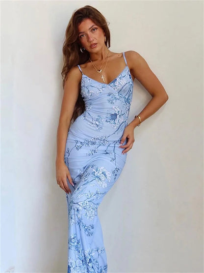 Printed Slim Halter Dress Female Casual Backless Summer V-Neck Maxi Dress Elegant Fashion Sleeveless Women Party Dress