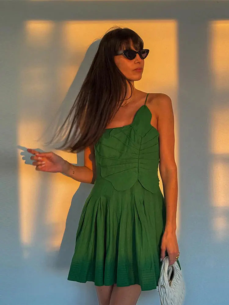 YESMYTOOL  -  Sexy One Shoulder Sleeveless Women Mini Dress Fashion Backless Pleated Hem Green A-line Dresses 2024 Summer Lady Vacation Robes