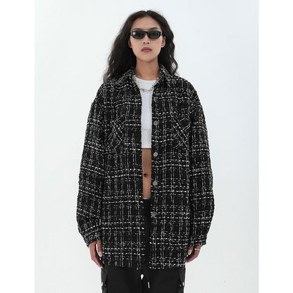 Women's Fashion Polo Collar Weave Jacket Outerwear Vintage Plaid Pocket Long Sleeves Casual Street Baggy Tops Autumn Ladies