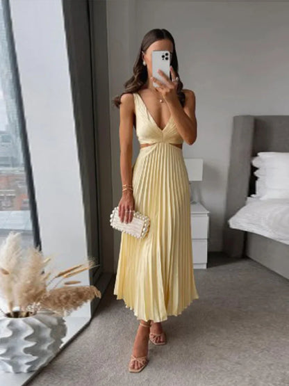 YESMYTOOL  -  Sexy Hollow Out Women Pleated Solid Midi Dress Elegant V-neck Backess Sleeveless Slim Dresses Summer Lady Party Club Robes 2024