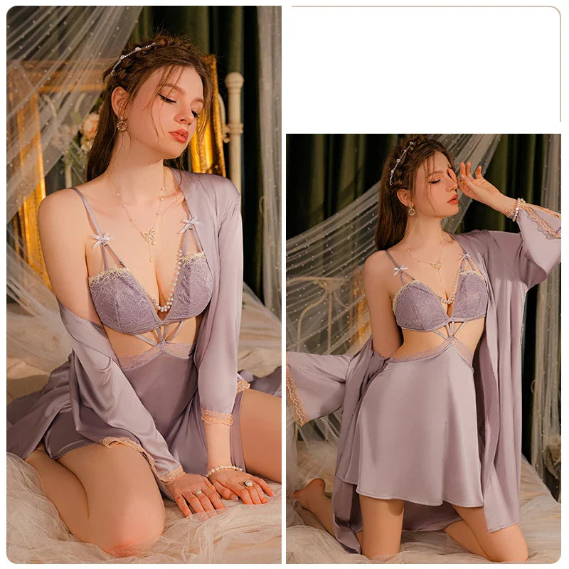 YESMYTOOL  -  Sexy Lingerie Satin Lace V-neck Women's Pajamas With Chest Pad Nightdress Robe Sleepwear Homewear Set Erotic Wedding Nightgowns