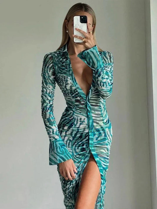 Women Elegant Long Sleeve Printed Bodycon Streetwear Green Midi Dress Autumn Clothes Wholesale Items For Business