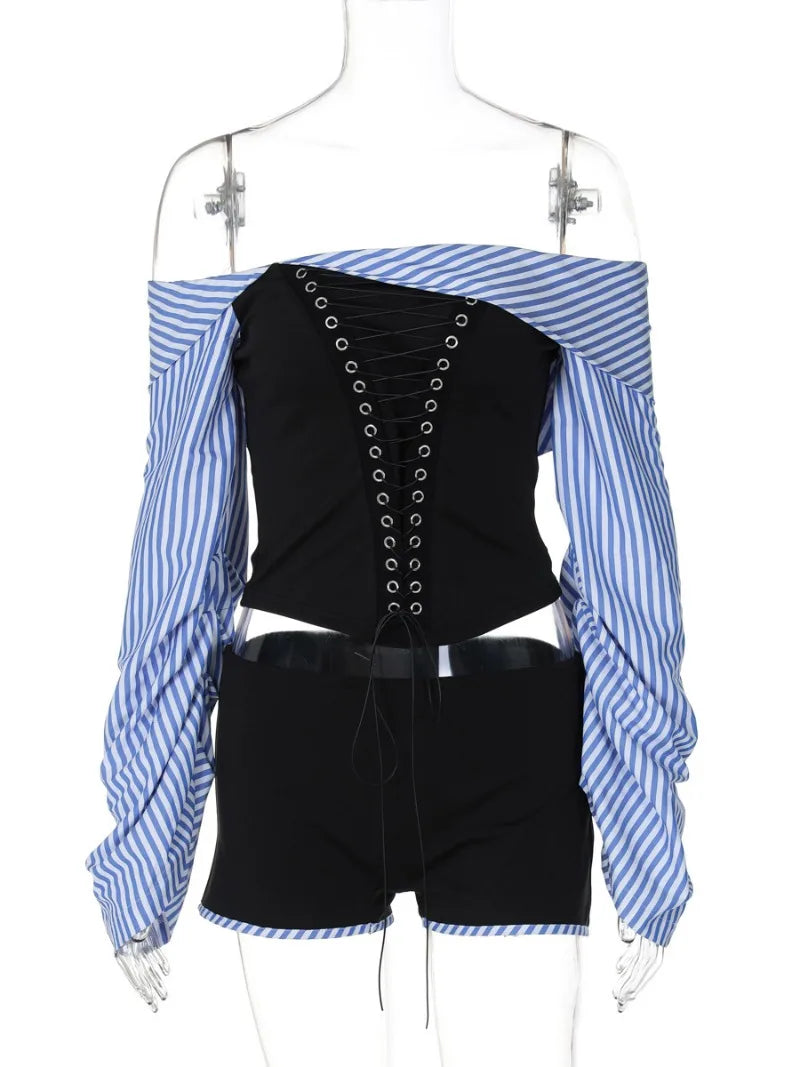 dingdamall  -  Fashion Chic Women Long Sleeve Striped Long Sleeve Corset Shirts + Shorts 2 Piece Sets High Street Tunics Bandage Female Suit