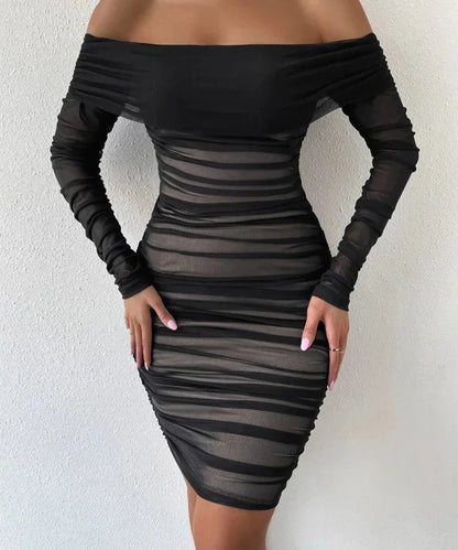 Shoulder Mesh Party Dress Women Clothing Sexy Club Backless Ruched Bodycon Dresses Long Sleeves Autumn Vestidos