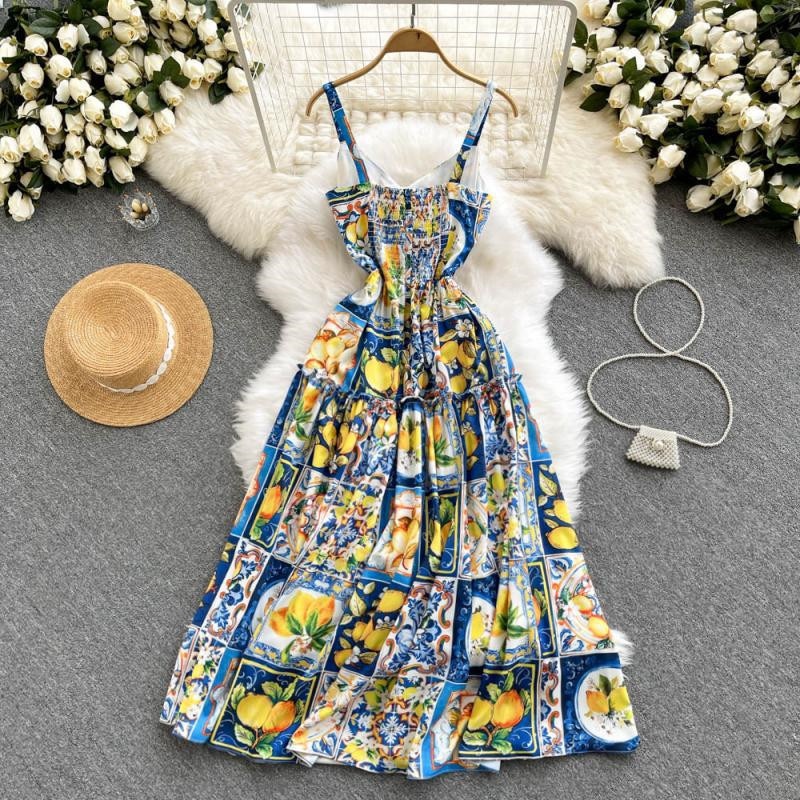 Summer dress women Fashion Runway Long Dresses Vacation Elegant sexy Strap Lemon print runway women dress