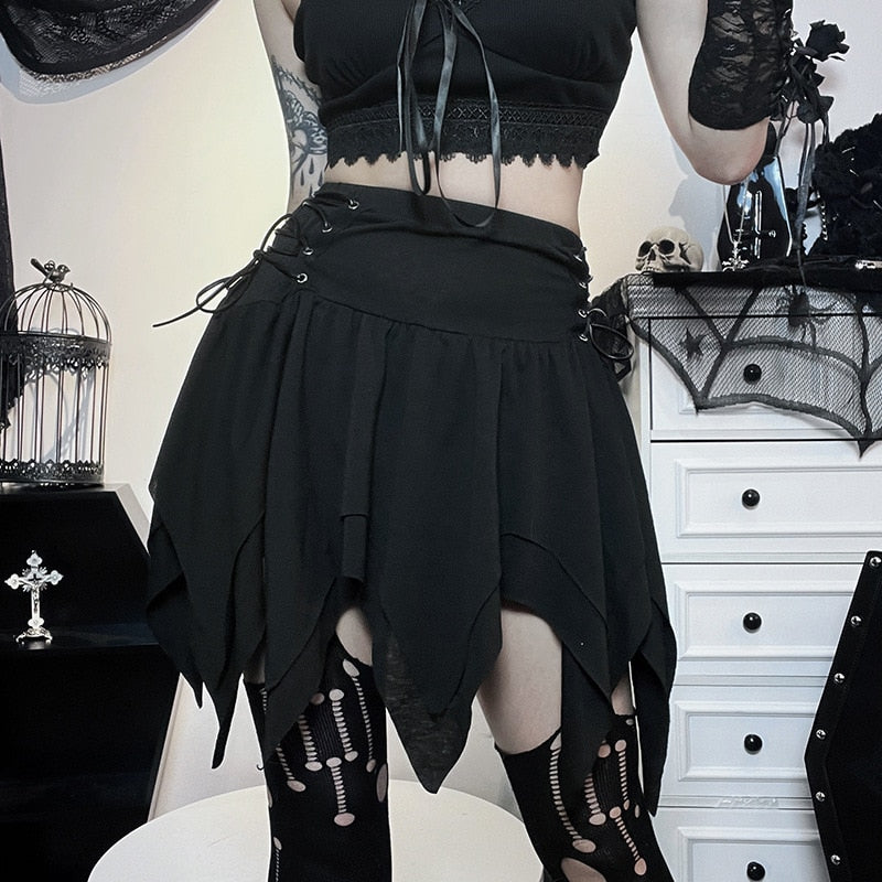 Bandage Side Pointed Hem Mini Skirt Grunge Style Black High Waist A-line Skirt Punk Emo Sexy Women Alternative Bottoms