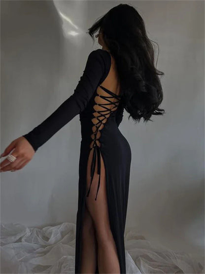 Bandage Dress Women Autumn Long Sleeve O-Neck Sexy Split Maxi Dresses Black Elegant Ladies Lace Up Bodycon Vestidos