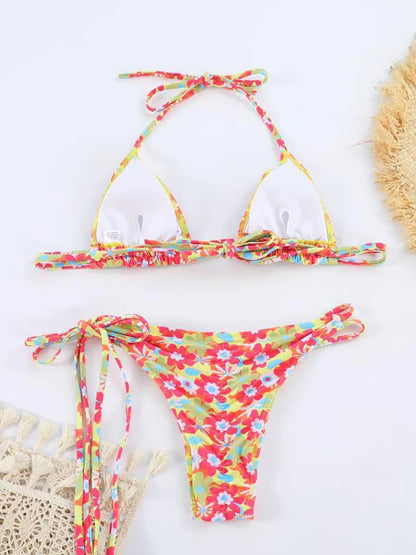 YESMYTOOL  -  Floral Contrast Lace-up Bikini Set Women Swimwear Bra Briefs 2 Piece Set Swimsuit Hottie Outfit Summer Holiday Beachwear