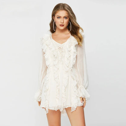 Sheer Lace Mesh Dress Women Fashion Deep V Neck Bandage Ruffle Oversized Shirt Dress Femme Elegant Sexy Cover-up Woman