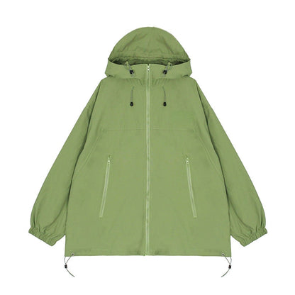 Autumn Waterproof Jacket with Hooded Women Pure Color Zipper Loose Windbreaker Korean Fashion Y2k Clothing Trench Coat Chic