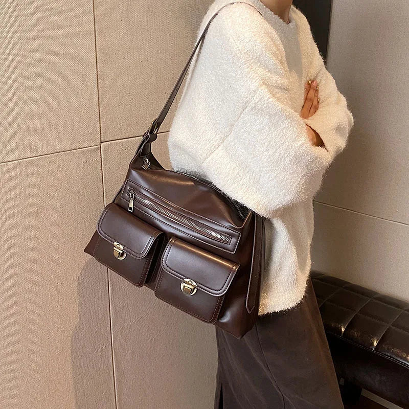 Vintage Brown Shoulder Bag Women Retro Pu Leather Soft Pocket Casual Handbag Female Moto Biker Y2k Handbags Aesthetic