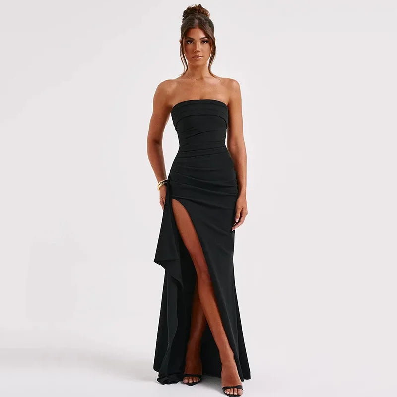 Off Shoulder Elegant High Rise Split Maxi Dress Club Outfits for Women Sexy Strapless Evening Dresses Ruched Gown Sexy Dress