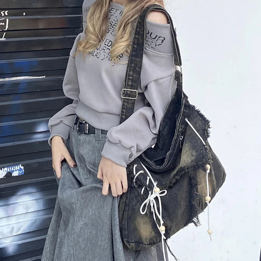 Y2K Korean Harajuku Gothic Hobo Denim Bag Aesthetic Vintage Purses WomenHandbag Crossbody Messenger Tote Peddler Shoulder Bags