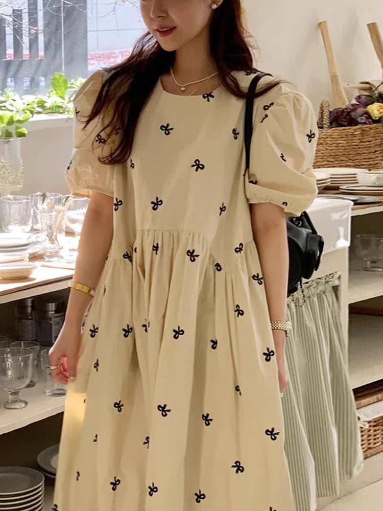 YESMYTOOL  -  Korean Chic Round Neck Loose Casual Embroidered Bow Print Bubble Sleeve Long Dress For Women 2024 Spring Summer 16U9283