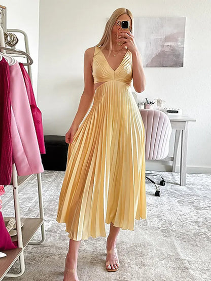 YESMYTOOL  -  Sexy Hollow Out Women Pleated Solid Midi Dress Elegant V-neck Backess Sleeveless Slim Dresses Summer Lady Party Club Robes 2024